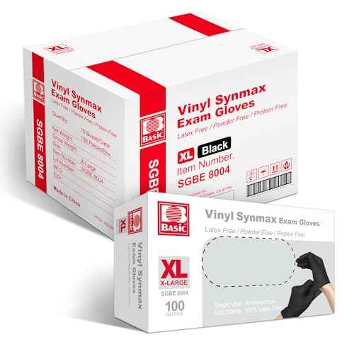 Basic Vinyl Exam Gloves, 4 mil Safty Glove Latex-Free & Powder-Free, SGBE 8004 Synmax Disposable Medical Glove X-Large, Black (Pack of 10,1000 units)