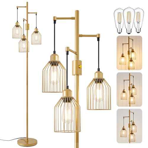 Dimmable Floor Lamp for Living Room, Farmhouse Floor Lamps with Elegant Hanging Cage, 3 x LED Edison Bulbs Included, 68.5" Industrial Standing Light for Bedroom Office Home Decor (Gold)