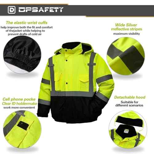 Safety jacket for men,Reflective high Visibility Hooded jacket,Hi-Vis Bomber Jacket with Pockets and Zipper,Waterproof,Black Bottom,ANSI/ISEA 107-2020 Type R Class 3,Lime