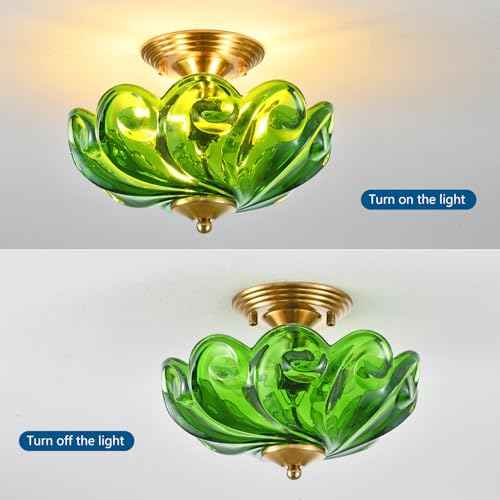 HuixuTe Modern Semi Flush Mount Ceiling Light, 3-Light Gold Close to Ceiling Light Fixture with Green Glass Shade for Living Room Entryway Bedroom