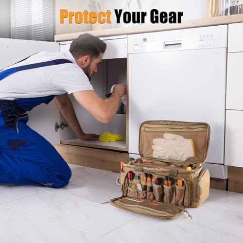 16-Inch Tool Bag with 16 Packets,Tools Bag for Men with Anti-friction Bottom,Tactical Range Bag,Electrician Tool Bag Organizer,Mechanics Tool Storage Bag for Repairman,Carpenters,Handyman,Khaki
