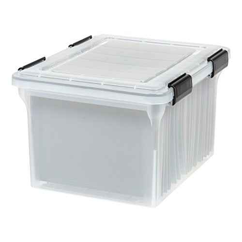 IRIS USA File Box WeatherPro File Organizer Plastic File Box for Letter/Legal File, Durable Lid and Seal w/ Secure Latching Buckles, Stackable and Nestable, Clear 32 Qt. 1Pack