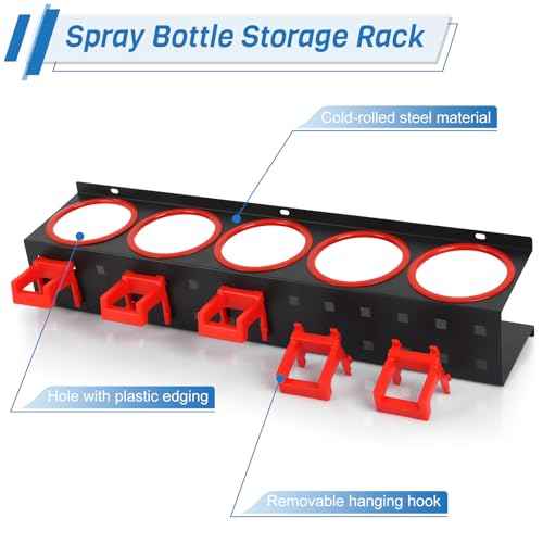Wall-Mounted Spray Bottle Storage Rack, Universal Spray Bottle Holder with Removable Hooks, Hanging Rail Car Beauty Shop Accessory Display & Mobile Detailing Tools Hanger & Organizer for Garage