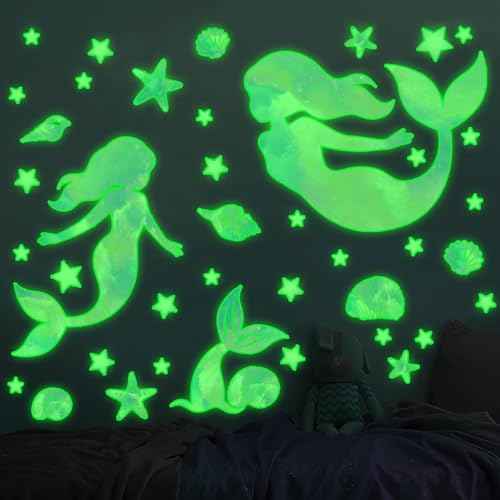 Mermaid Wall Decals Glow in The Dark Mermaid Star Decal Under The Sea Wall Stickers for Nursery Bedroom Bathroom Mirror Wall Decor