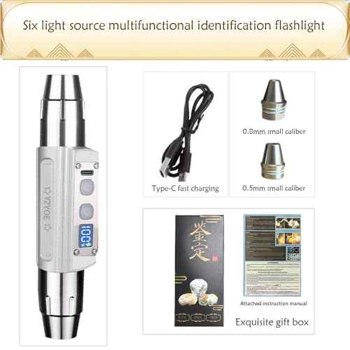 Six in One Jade Recognition Strong Light Flashlight, LED Outdoor Mineral Gemstone Crystal Beeswax Detection Light, White Yellow Red Blue Light 395nm and 365nm UV Multi Source Flashlight.