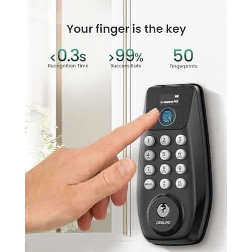 DESLOC C110 Keyless Entry Door Lock with Fingerprint - Smart Deadbolt Lock for Front Door with 2 Keys - Auto Lock - Easy Installation, 100 PIN Codes, IP54 Waterproof, BHMA Grade 3, Black