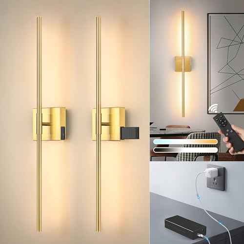 Battery Operated Wall Sconce Set of 2 - Wireless, 3000K-6000K, Dimmable, Remote and Touch Control, Timer, Removable Battery Compartment, Gold 24 Inch Modern Sconce for Bedroom, Living Room