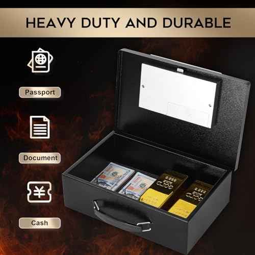 Dalmbox Portable Metal Safe Box with Digital Code Lock,Fire Resistant Storage for Documents, Fireproof Safe Box, Car, Home, Office and Outside, Black Box£¬ Medium