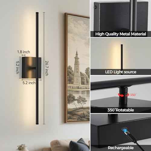 Battery Operated Wall Sconces Set of 2, Wall Sconce with Remote Control, 26.7 Inch 3000K-6000K Dimmable Wireless Rechargeable Sconce,Wall Lights for Bedroom, Living Room, Hallway(Black)