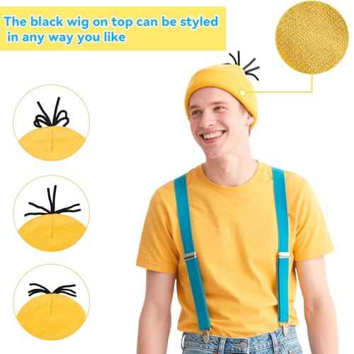 4 Pcs Halloween Costume Accessories for Adult Kids Goggles Yellow Beanie Gloves Suspenders - Cosplay Party Dress Up