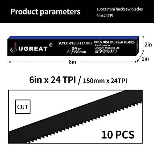 JUGREAT Professional Steel Mini Hacksaw Blades 6" / 150mm Length(24T 10 Pack), High Speed Steel Grounded Medium Teeth
