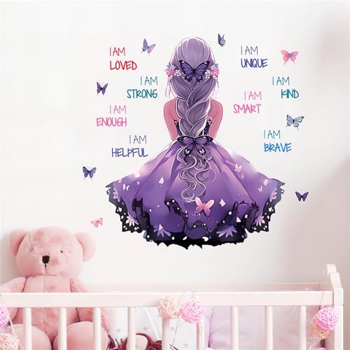 Purple Ponytail Girl Inspirational Wall Stickers, sacinora Motivational Lettering Quotes DIY Butterfly Wall Decals Removable Vinyl Peel and Stick for Kids Baby Nursery Bedroom Playroom Art Decoration