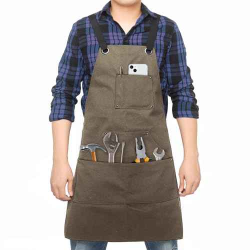 Adjustable Work Apron for Men,Heavy Duty Canvas Shop Apron Crossback with Tool Pockets (Brown)