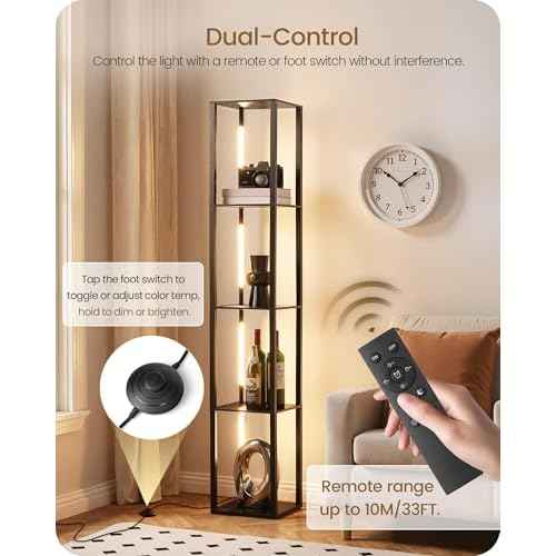 64.2" Display Shelf with Light, Modern Corner Floor Lampe with Shelves, LED Dimmable Standing Lamp with Remote for Living Room, Bedroom, Office, Adjustable CCT, Black Square B51LD05