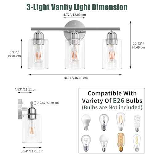 Espird Bathroom Vanity Light Fixtures Polished Chrome Bathroom Lighting Fixture, 3 Lights Bathroom Light Fixture Over Mirror, Modern Black Vanity Light, Wall Sconces with Glass Shades