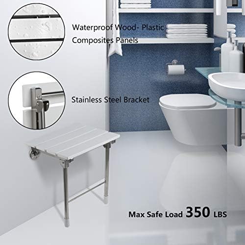Folding Shower Seat Wall Mounted Bathroom Bathtub Safety Stool Chair, Solid Wood, with Support Legs, Load of 350 lbs, 14.88"(L)*12"(W)*17.12"(H) (WPC)