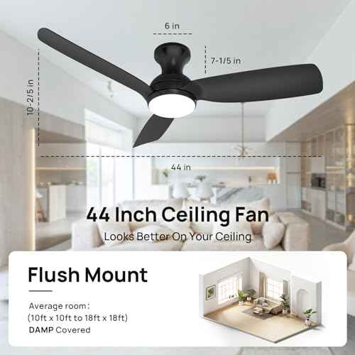 Consciot Ceiling Fan With Light, 44 Inch Low Profile Ceiling Fan with remote control, 6-speed choice, Reversible DC motor, 3CCT, Dimmable, Whisper, Easy Install, For Indoor and Covered Outdoor (black)