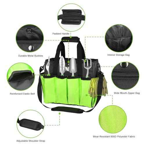 KUNLUN Gardening Tote Bag, Garden Tool Bag with 14 Pockets & Elastic Belt, Heavy Duty Standable Garden Tote Storage Bag with Long Adjustable Shoulder Strap for Indoor and Outdoor Use