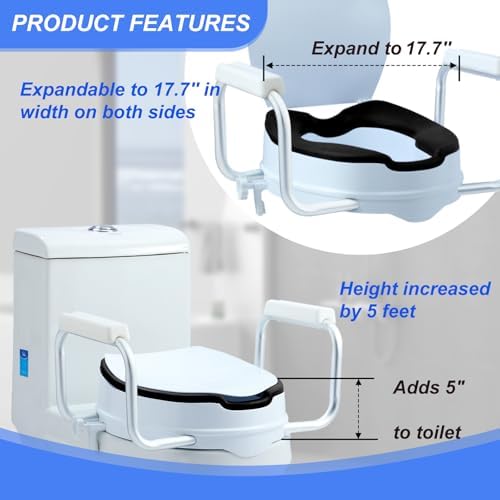 Toilet Seat Risers for Seniors,Adjustable Anti-Silp Handles & Thickened Cushion,Handicap Elevated Toilet Seat with Handles Over Toilet, Adjustable Height & Width,300 lbs, Black