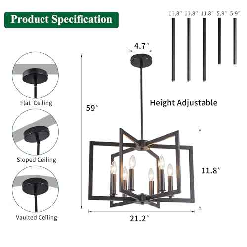 Dining Room Light Fixture, Modern Black Chandelier Farmhouse Metal Pendant Light for Foyer Enteyway Living Room Kitchen Island, 6 Wrought Iron Lights E12 Bulbs, Height Adjustable, 21.2 inch
