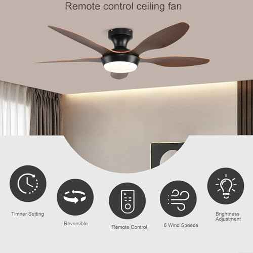 Ceiling Fans with Lights, 46 Inch Low Profile Ceiling Fan with Light and Remote Control, Flush Mount 6 Speeds Reversible Ceiling Fan, Dimmable Noiseless Ceiling Fans for Bedroom, Brown