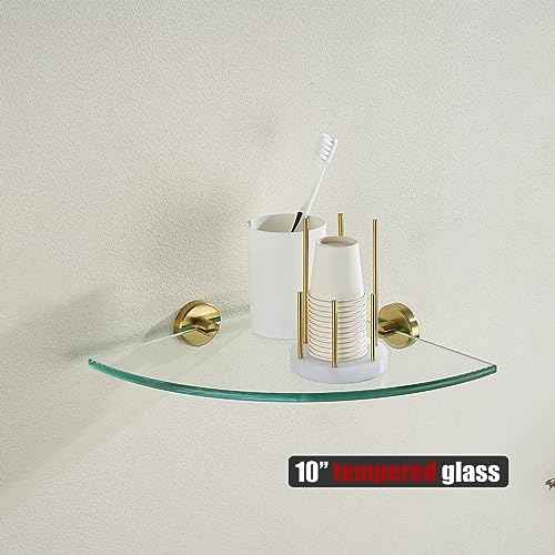 JQK Corner Glass Shelf, Brushed Gold Bathroom 304 Stainless Steel Shower Triangle Floating Wall Shelf, 10 x 10 Tempered Glass, 3 Pack, TGS190L10-BG-P3