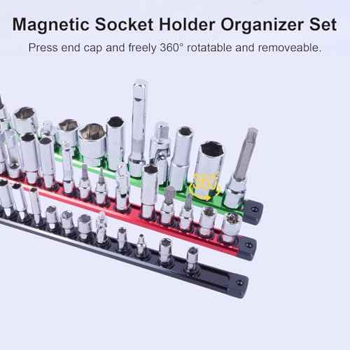 Magnetic Socket Holder Organizer Set: 6-Piece 1/4, 3/8, 1/2 Drive Socket Trays Socket, 360¡Æ Swivel Clips Socket Holder Kit, For Automotive Mechanic Garage (Black Red Green)