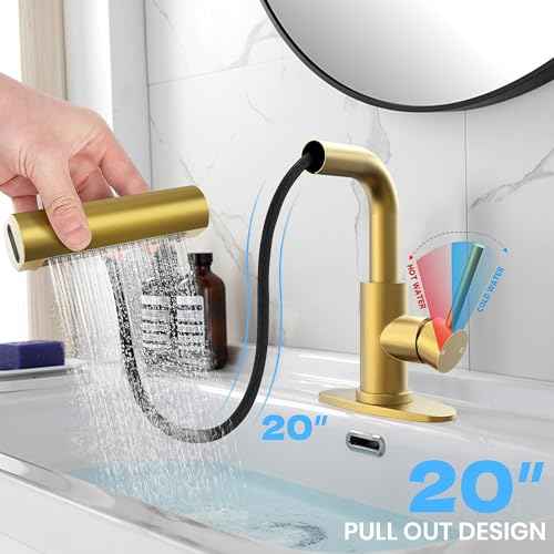 Gold Bathroom Faucet with Sprayer - Brushed Gold Bathroom Faucets for Sink 1 Hole or 3 Holes, 4 Mode Single Handle Vanity Faucet Waterfall Bathroom Faucet with Pull Down Sprayer (No Drain)