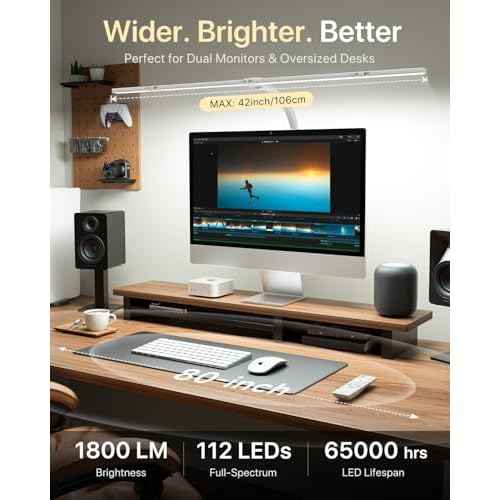 ONEMIX 42" LED Desk Lamp with Clamp, Architect Desk Light with Remote, Adjustable 4-Segment Bar, 1800LM Bright, Eye-Caring Desk Lamp for Home Office, Reading, Study, Dual Monitors, Workbench (White)