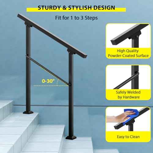 Signstek Handrails for Outdoor Steps, 3 Step Hand Rail Fit 2 or 3 Steps Outdoor Stair Railing, Metal Porch Railing, Deck Handrail, Black Wrought Iron Hand Rails kit for Concrete, Porch Steps, Upgrade