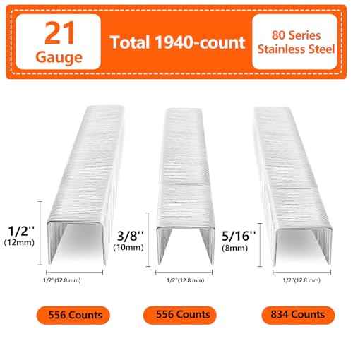 1/2 Inch Crown 21 Gauge Stainless Steel 304 Staples 1940-Count 3 Sizes for 80 Series Staple Gun, Includes: 5/16", 3/8", 1/2" Assortment, Combo kit