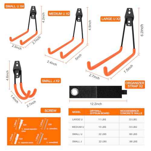 12 Pack Garage Hooks Heavy Duty, Wall Mount Utility Hooks with Extension Cord Straps, Anti-Slip Coating for Bike, Ladder, Hose, Ropes, Garage Organization, Includes Screws