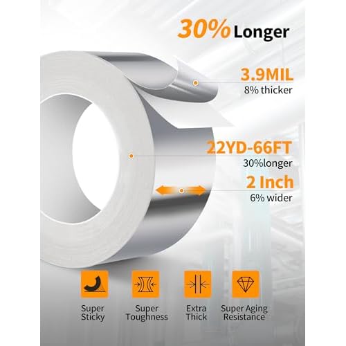 Aluminum Foil Tape,Thickened Heavy Duty Tape for Ductwork,Duct Tape, Heat Resistant, Insulation Tape for HVAC,Metal Repair,Dryer Vent,2 inch x 22 Yards-66FT (3.9 mil