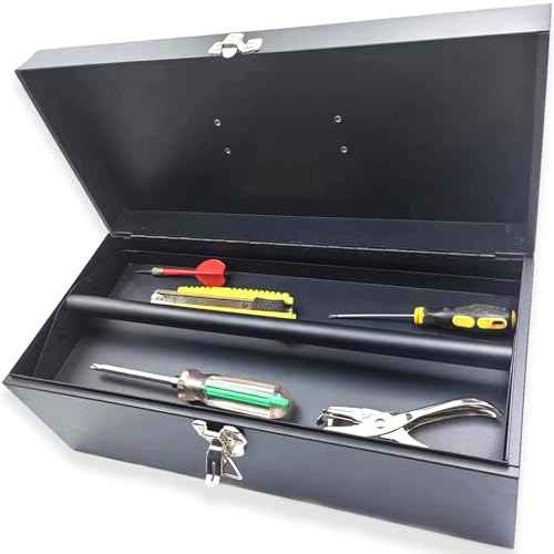 Small Tool Box Mini Toolbox Small Metal Tool Box 16" Portable Metal Toolbox with Latch Closure for Basic Tool Kits or Craft Storage Black