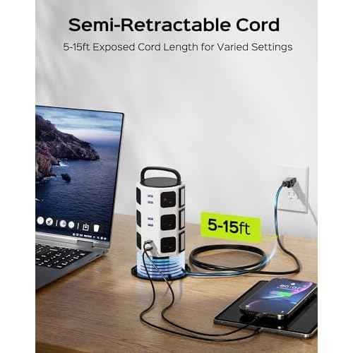 Power Strip Tower Surge Protector, JACKYLED 1625W 13A Outlet Surge Electric Tower, 12 Outlets 6 USB Ports Charging Station with 16AWG 15ft Heavy Duty Extension Cord for Home Office Dorm