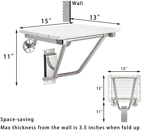 Folding Shower Seat and Bench Wall Mounted, Shower Chair Foldable, Shower Stool Collapsible for Inside Shower Bathroom Bathtub Small Space, 350lb Capacity, Plastic Wood