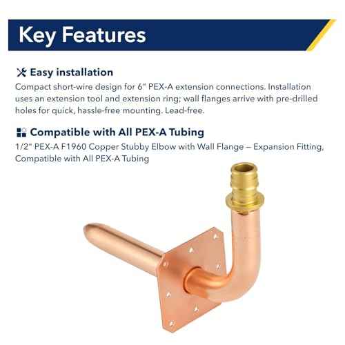 Copper Stub Out Elbows with Wall Flange Stub Out 1/2"-6inch Lengh Easy to Install, Lead-Free-PEX Stub Out Accessories, ASTM F1960£¨10pcs£©
