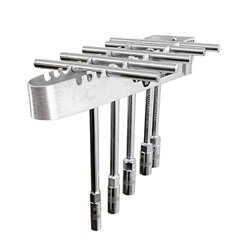 Pit Posse PP272 T Handle Rack Holder Tool Box Mount Aluminum Organizer - Made in USA - Enclosed Trailer, Garage, Automotive Shop - Holds 9 T-Handle Wrenches - Wall Mounted or Hangs on Toolbox (Silver)