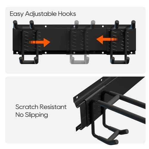 Wall Mount Garage Storage | Garden Tool Organizer | 350 lb Capacity Adjustable Steel Rails with 6 Rubber-Coated Hangers | Rustproof Carbon Steel Storage Rack for Garage, Shed & Outdoor Tools