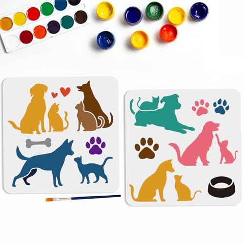 MAYJOYDIY 2pcs Cat Dog Stencils 11.8¡¿11.8inch Love Pet Animal Stencil with Paint Brush Reusable Dog Paw Print Bone Dog Bowl Template for DIY Craft Canvas Wall Wood Home Decor