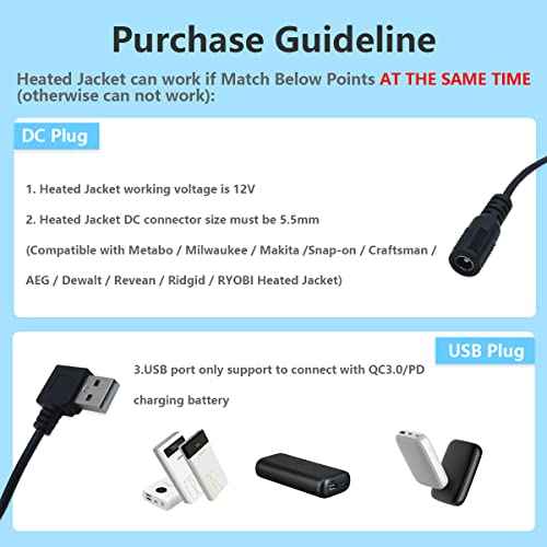 Heated Jacket Adapter Charger USB Voltage Step Up Cable for Milwaukee, M12, Snap-on, Metabo, Craftsman, AEG, Makita