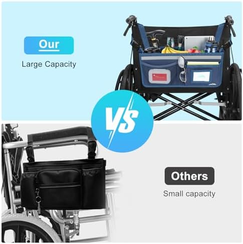 supregear Wheelchair Basket for Back, Large Capacity Wheelchair Backpack Organizer Bag with Multiple Pockets and Cup Holder, Waterproof Storage Pouch for Seniors, Dark Blue