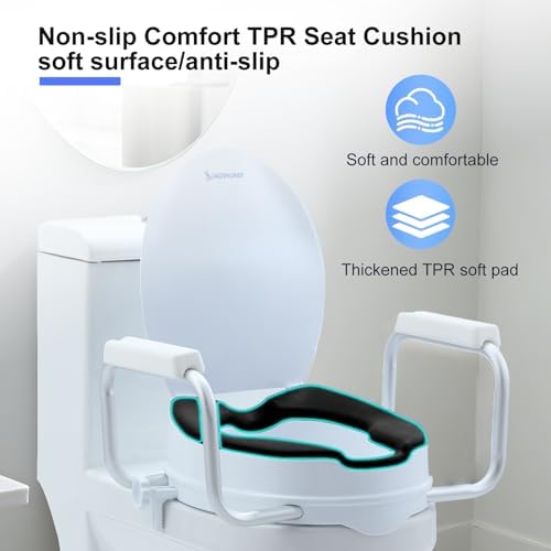 Toilet Seat Risers for Seniors,Adjustable Anti-Silp Handles & Thickened Cushion,Handicap Elevated Toilet Seat with Handles Over Toilet, Adjustable Height & Width,300 lbs, Black