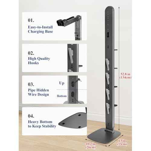 Metal Vacuum Stand for Dyson Gen5 V15 V12 V11 V10 V8 V7 V6 Cordless Vacuum Organizer with 4 Hooks & 4 Shelves, Hidden Cable Design, Space-Saving Attachment Holder for Dyson Cordless Vacuums
