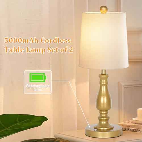 Dott Arts Cordless lamp Table Lamps Set of 2, Battery Powered Rechargeable lamp 3-Way Dimmable Modern Nightstand Lamp Sets Bedside Touch Desk Lamp for Bedroom Living Room, LED Bulbs Included(Gold)