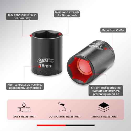 17PCS 3/8 Inch Drive Magnetic Impact Socket Set, Metric, 7mm-19mm, 6 Point, Cr-Mo, Square Drive, Magnetic Socket with Universal Joint, Drill Bit Adapter & Extension