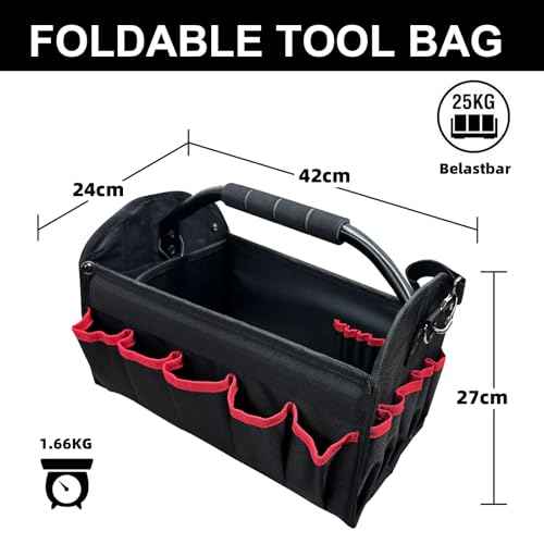16 inch tool bag, foldable open top tool bag, 1680D waterproof and wear-resistant, 26 pockets to hold various tools, wide mouth electrician tool tote bag, steel handle and adjustable shoulder strap