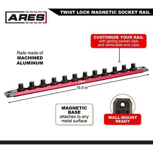ARES 60169 ? 3/8-Inch Drive 15.5-Inch Red Twist Lock Magnetic Socket Rail - Store up to 12 Metric or SAE Sockets and Keep Your Tool Box Organized ? Magnetic Base for Easy Socket Organization