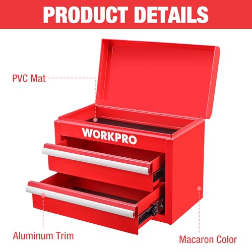 WORKPRO Metal Mini Tool Box, Top Tool Chest containing Two Drawers with Ball Bearing Slides, PVC Drawer Liners and PP Feet Pads, Durable Cold Rolled Steel Small Toolbox for Multi-Purpose Storage