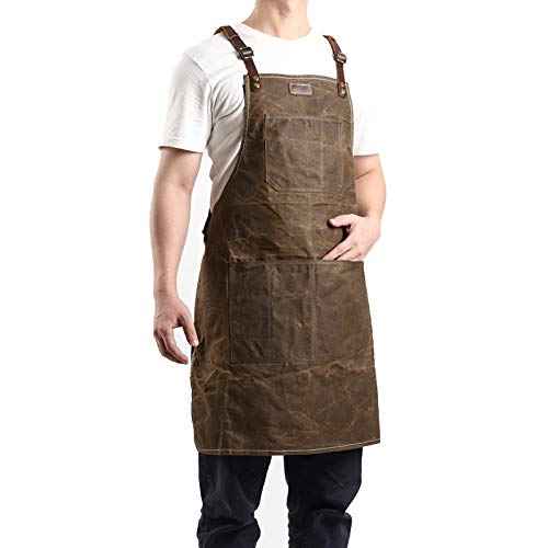 Midkit One Size Fits Utility Apron Adjustable Cross-Back Straps Multi-Use Portable Waxed Canvas Aprons With 5 Tool Pockets